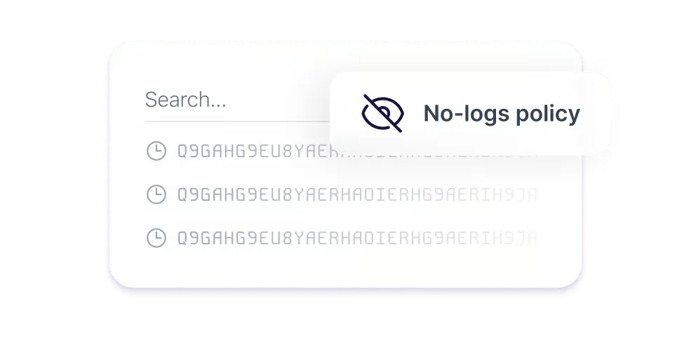 No-logs policy search panel with hidden activity logs